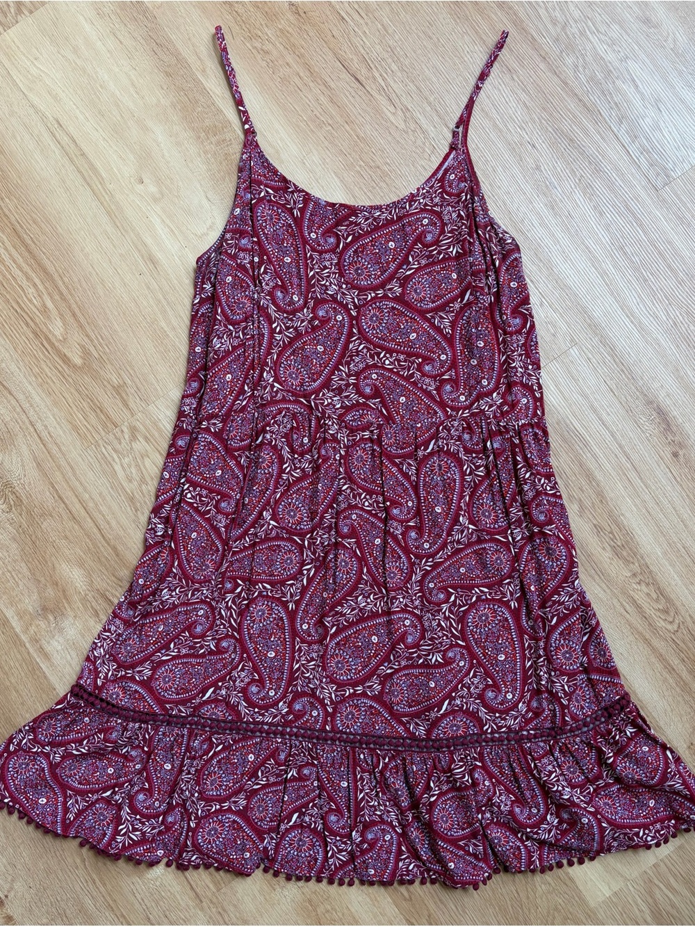 Paisley mini dress Pom-Pom Trim A-line Swing Summer Straps Old Navy boho large